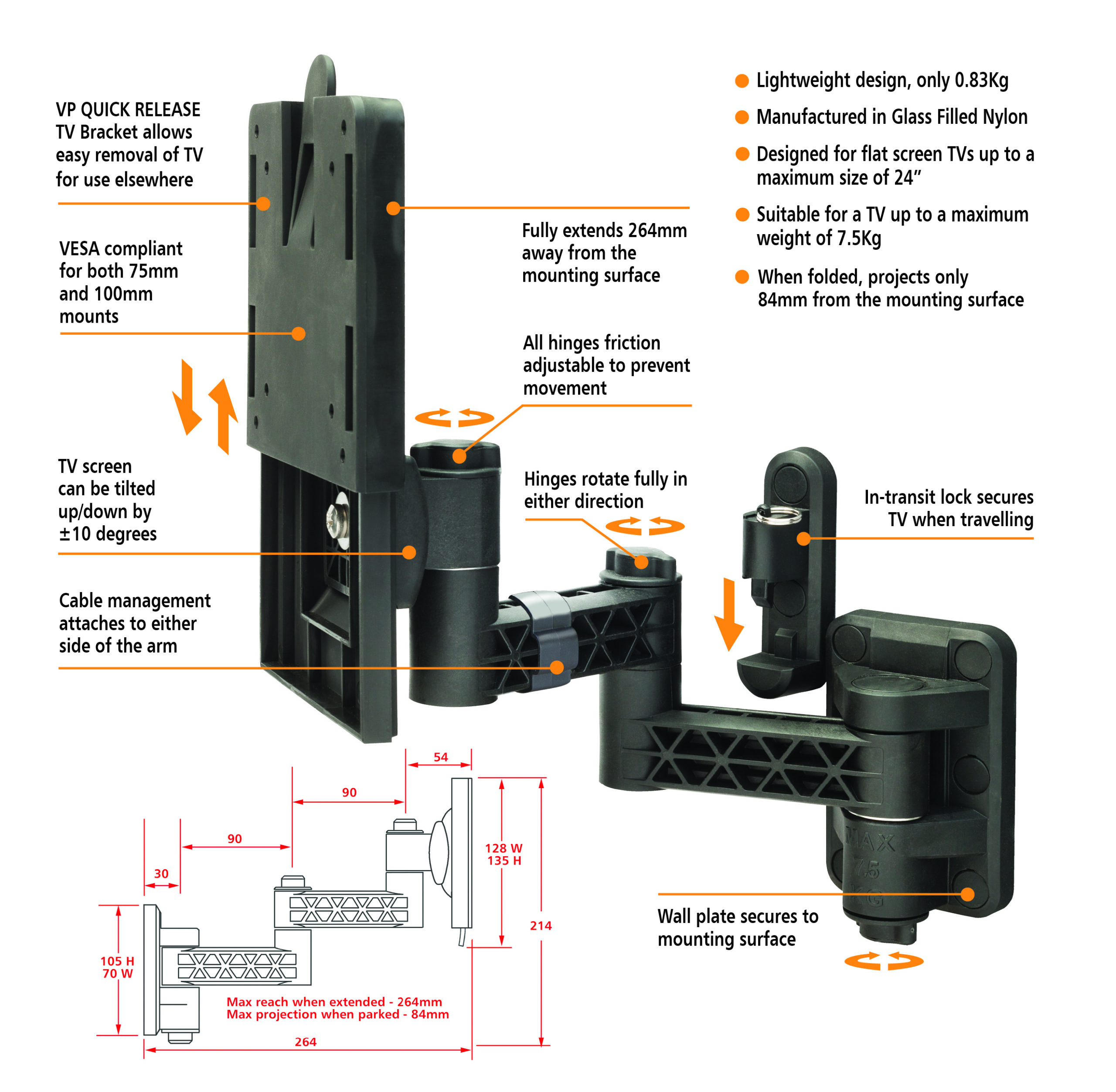 VP TV Wall Bracket - DOUBLE Arm Quick Release - Image 2